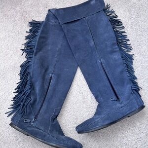 Minnetonka Fringe Suede Knee-High Boots - Blue
